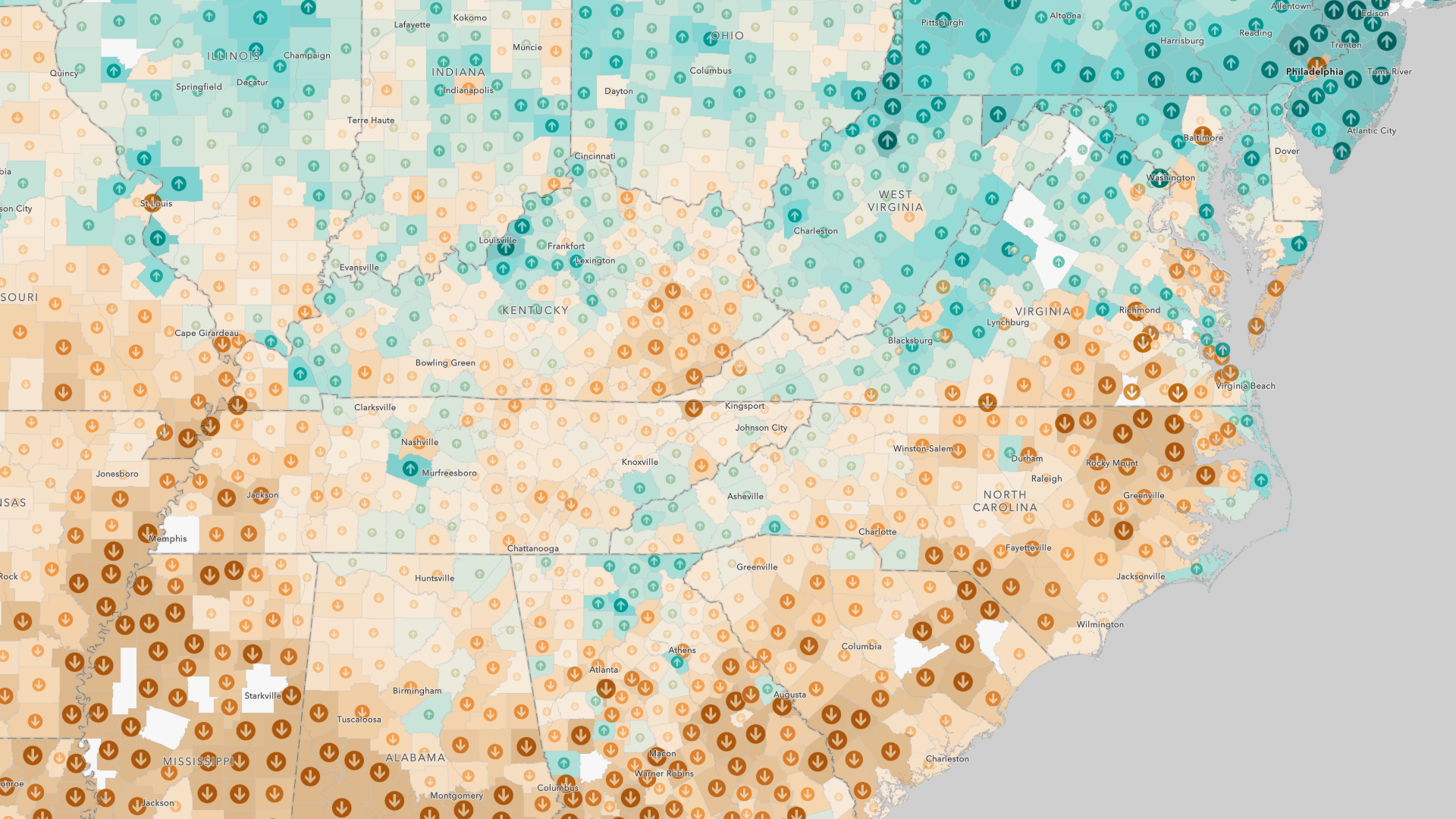Map of Eastern US showing school funding adequacy gap by country.