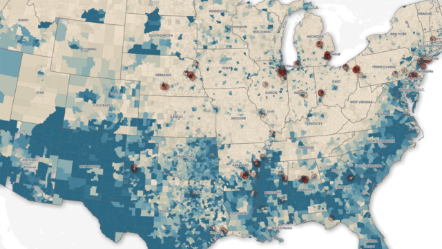 Map showing school districts symbolized by percentage of students of color.