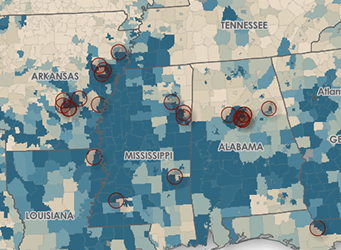 Map showing school districts by share of students of color in Mississippi and Alabama.
