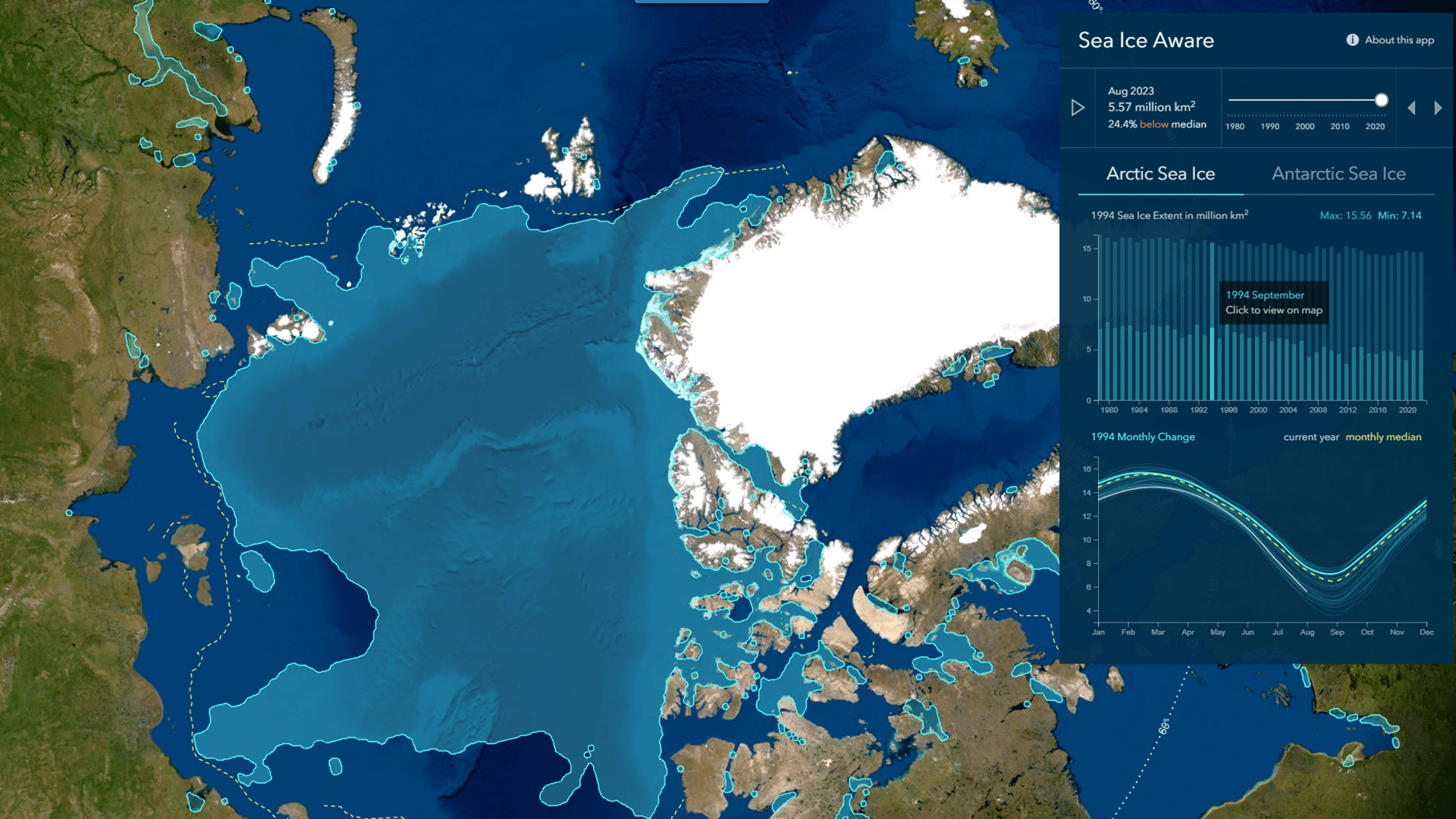 Map showing Arctic sea ice extent in August 2023
