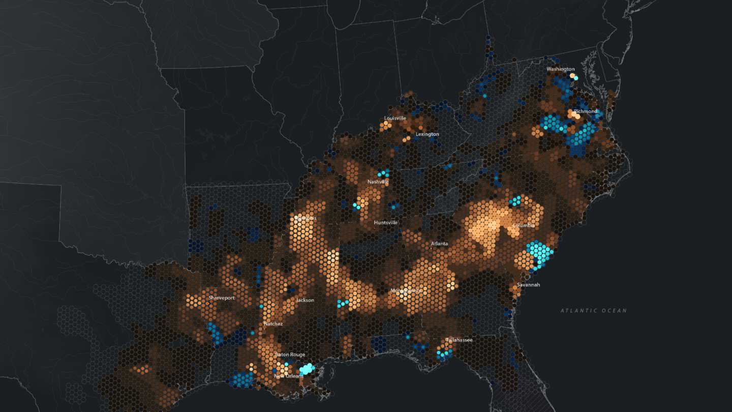 Map of the early American south showing demographic change among the enslaved Black population.