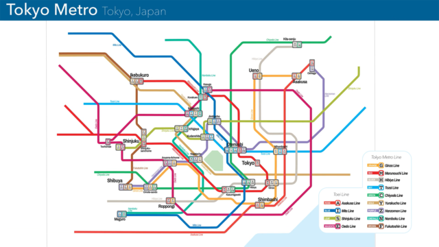 Map of the subway/metro system in Tokyo, Japan.