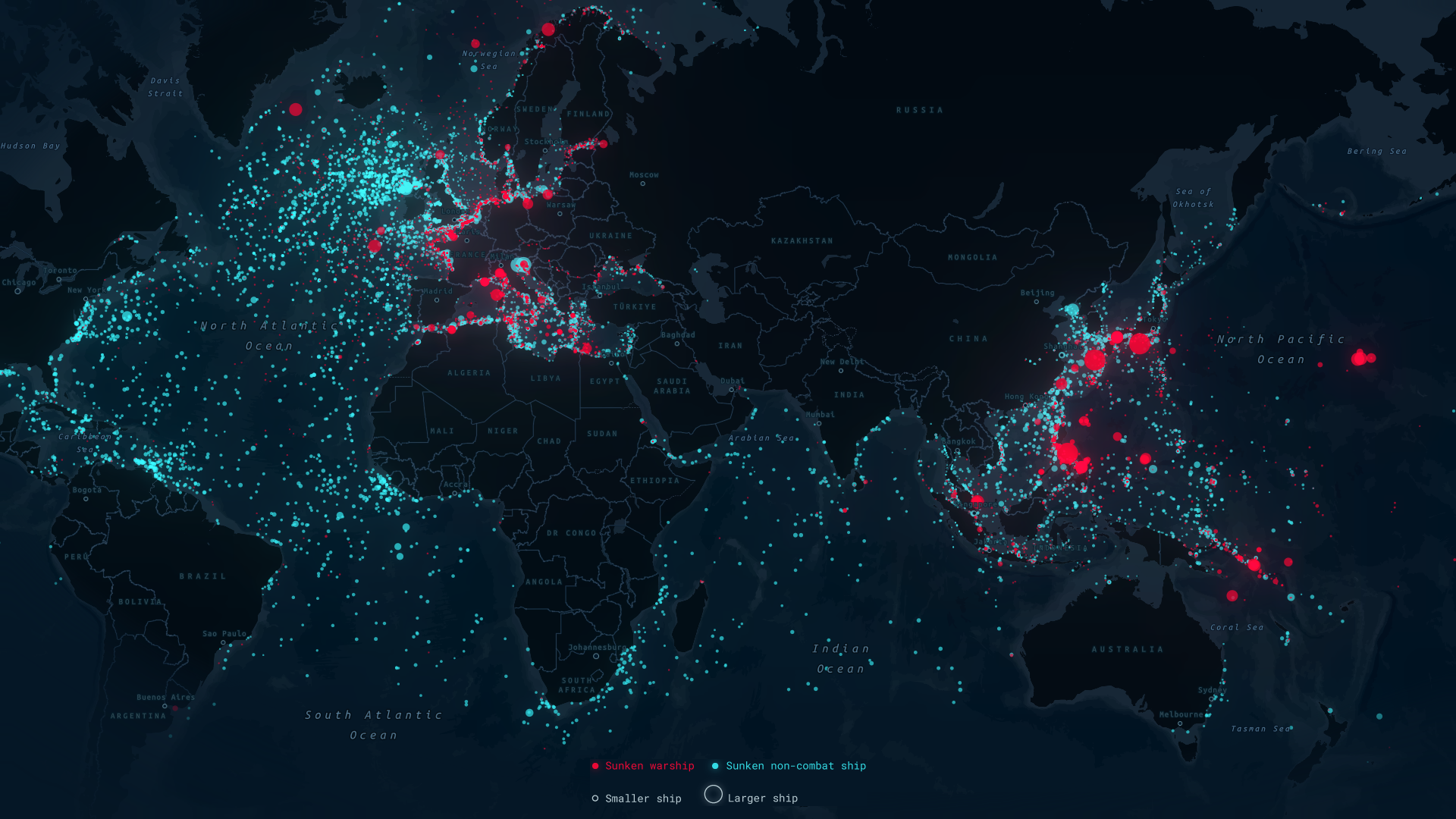 Global map of combat and non-combat ships sunk during WWII.