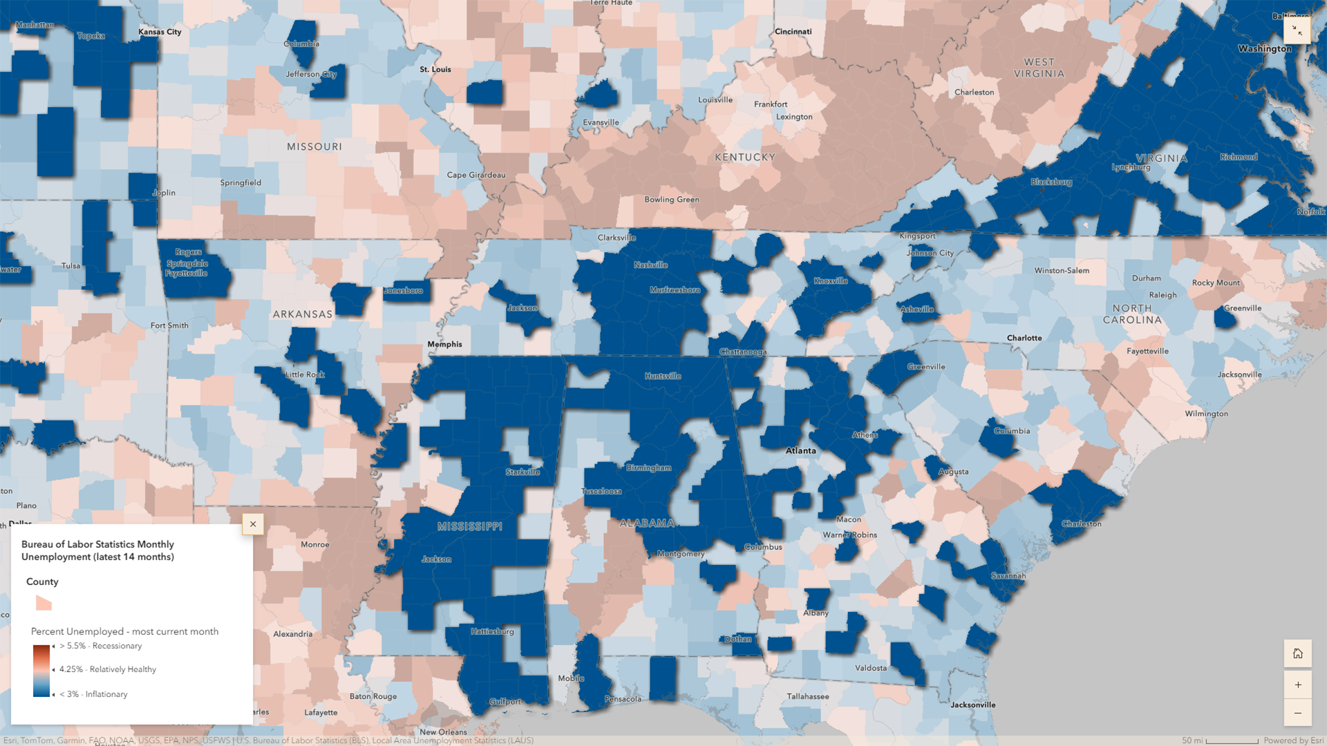 Map of the US showing relationship between inflation and unemployment by county.