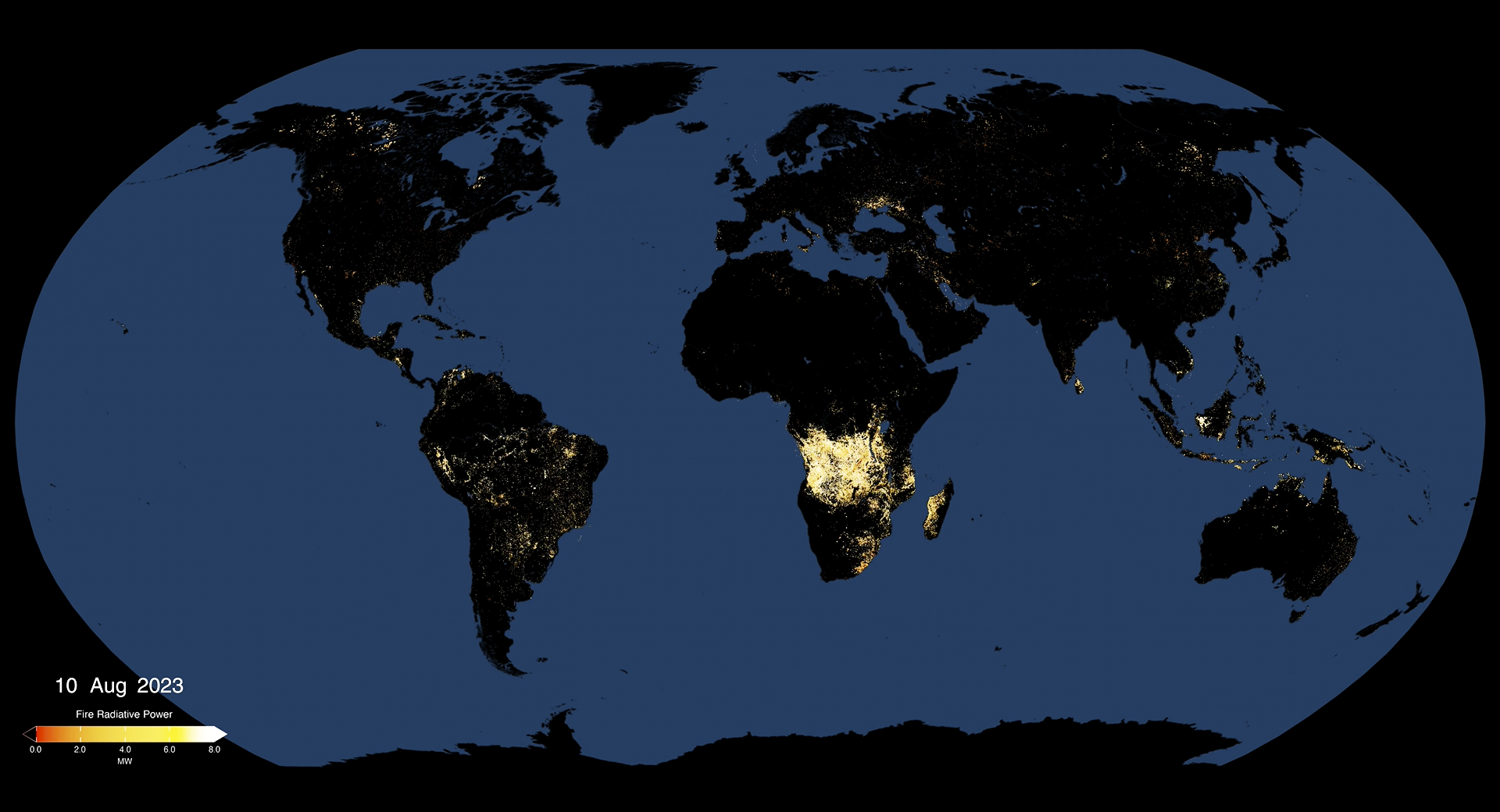 Map of fires across Earth on August 10, 2023.