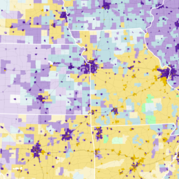 A close-up map of heating fuel sources by county, centered on Kansas City.