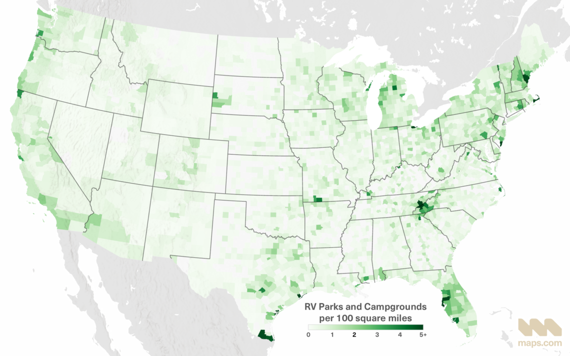 A map showing RV park and campground density per 100 square miles.