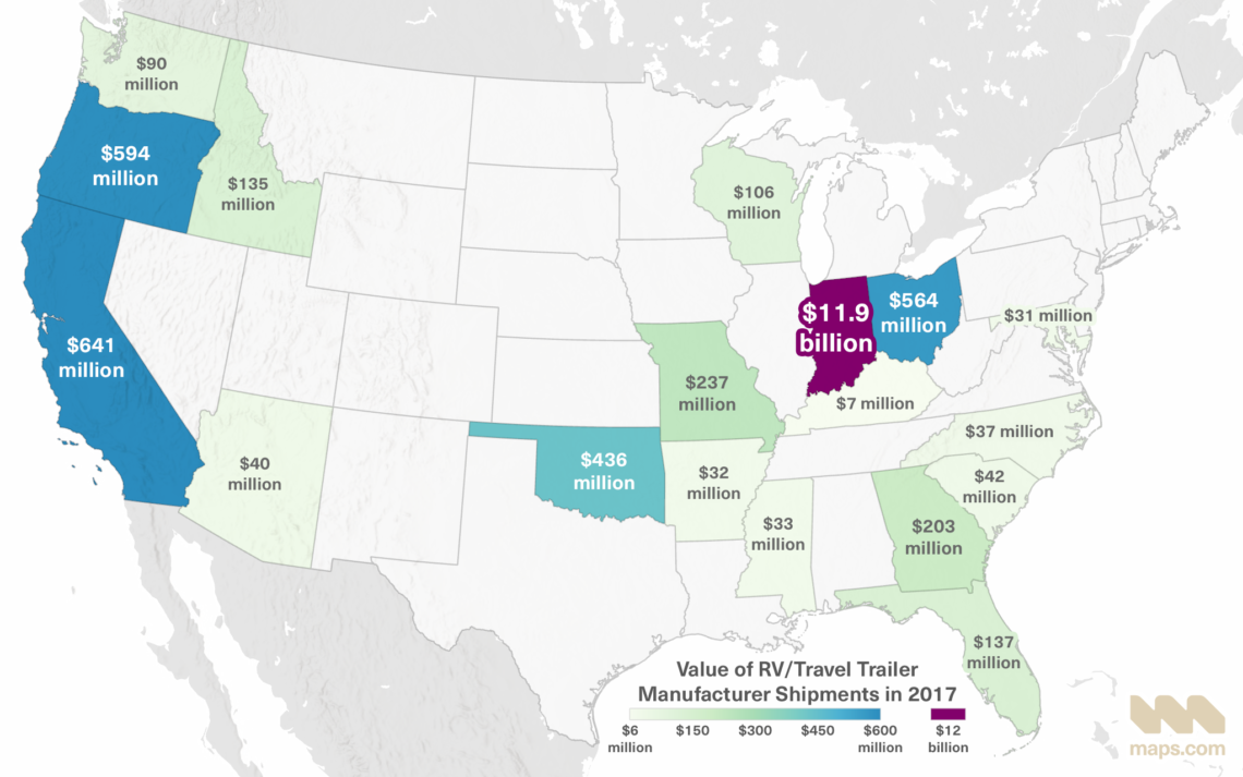 Map showing RV production revenue by state with Indiana in the lead.