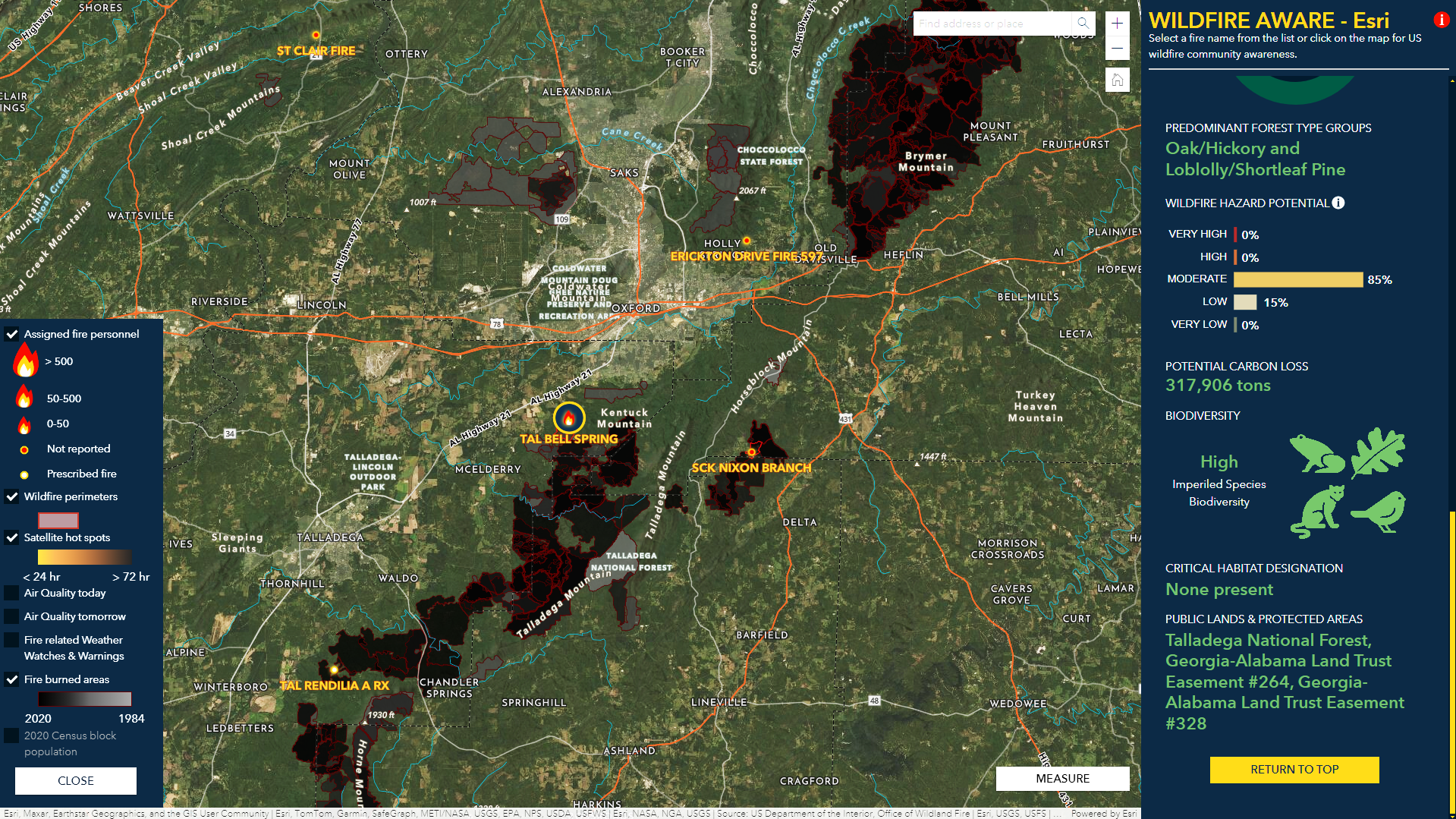 Map of Alabama and Georgia showing current and historical wildfires.