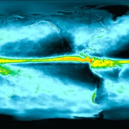 Map of Earth showing average monthly precipitation in May.