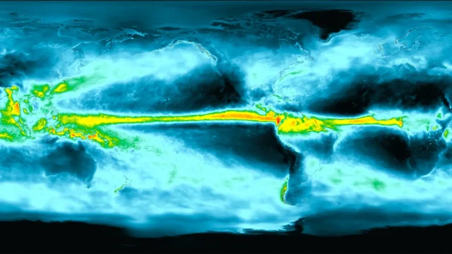 Map of Earth showing average monthly precipitation in May.