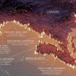 Map showing lighthouses along the New England coast.
