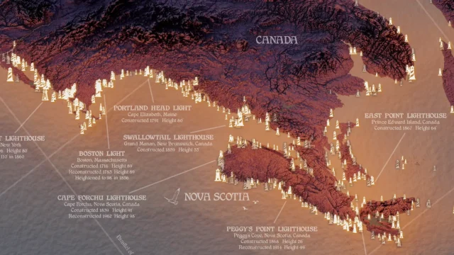 Map showing lighthouses along the New England coast.