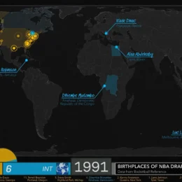 Map showing birthplaces of first round NBA draft picks.