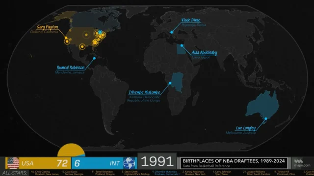 Map showing birthplaces of first round NBA draft picks.