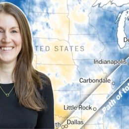 Map of eclipse viewing overlaid with headshot of Lauren Tierney.