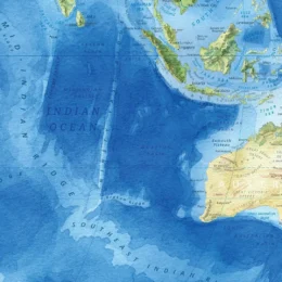 Crop of painted map showing Australia and Indonesia.