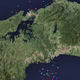 Aerial map of Panama showing Panama Canal with ships transiting.