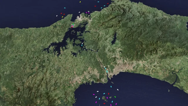 Aerial map of Panama showing Panama Canal with ships transiting.