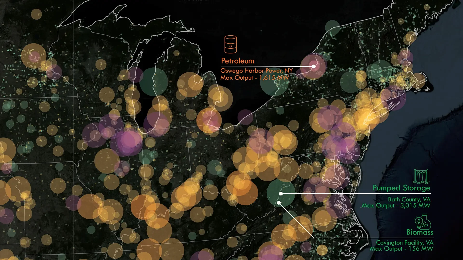 Map of the US showing individual power plants by output and energy source.