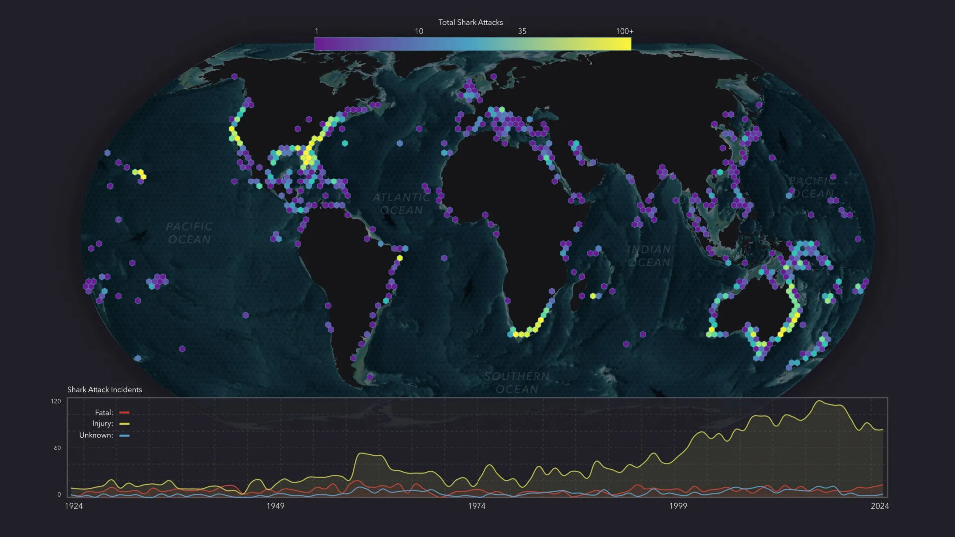 Map showing where shark attacks have occurred most often between 1924 and 2024.