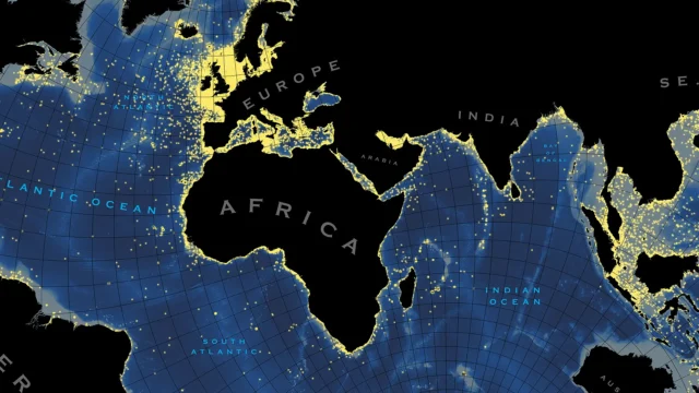 Map of oceans around Europe and Africa showing shipwrecks and maritime obstructions.