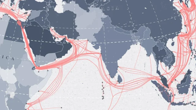 Map of Africa and India showing submarine cables.