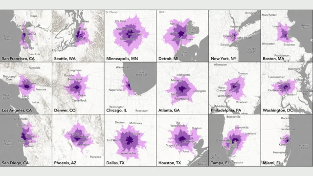 Series of maps showing weekly traffic patterns for US cities