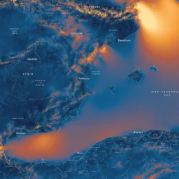 Map of Mediterranean Sea showing power density of wind.