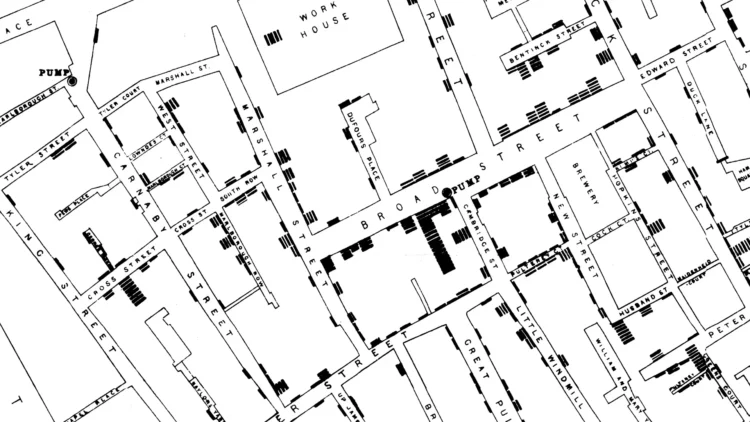 An 1854 map shows cases of cholera clustered around a water pump on London's Broad Street.