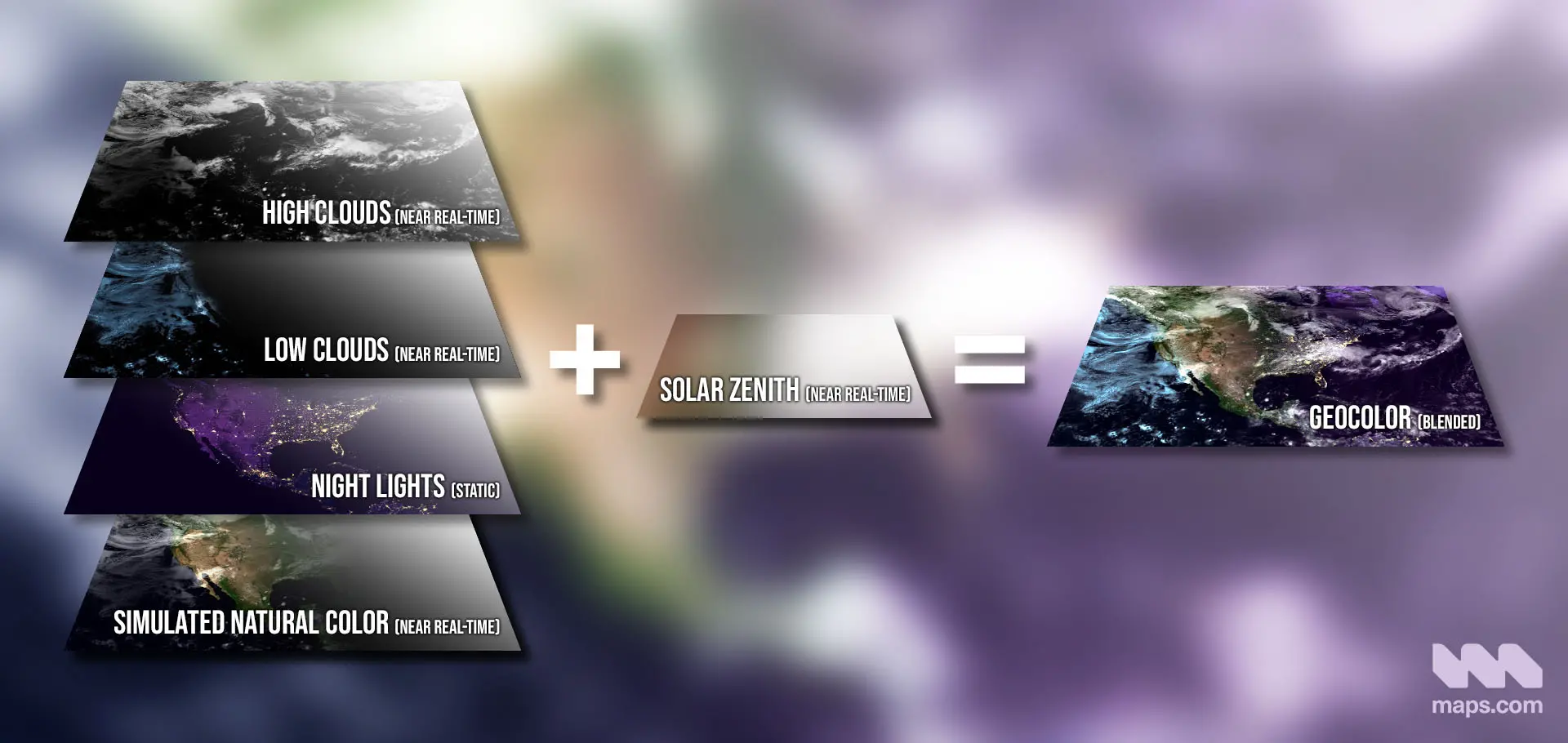 GeoColor imagery and animations are composites made from several data sources.