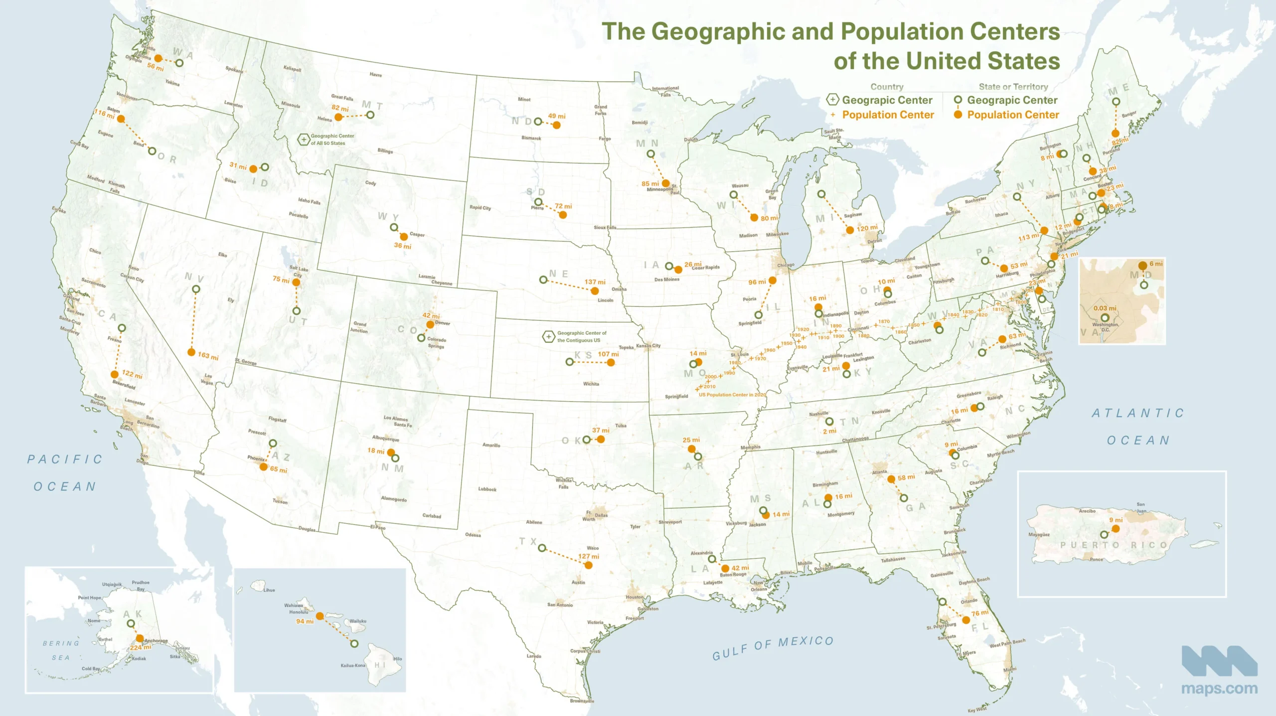 States and counties have both a geographic center and a center of their population.