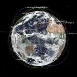 Map of Earth showing satellites orbiting the planet.