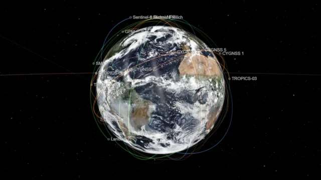 Map of Earth showing satellites orbiting the planet.