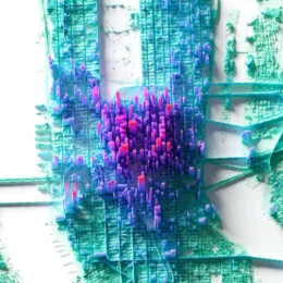 At a resolution of 10 meters per pixel, the mass of individual buildings, bridges, and tunnels becomes visible.